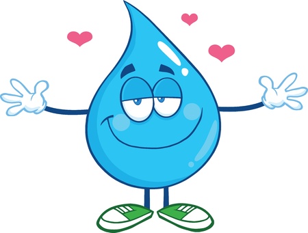 Smiling water drop character with open arms for hugging