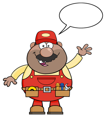 挨拶に手を振って笑顔のアフリカ系アメリカ人のメカニック漫画のキャラクター 吹き出しのイラスト のイラスト素材 ベクタ Image