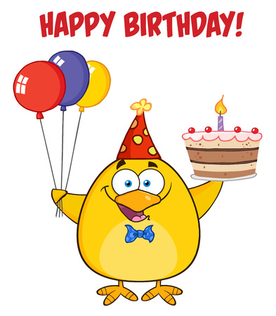 Happy Birthday With Chick Holding Up A Colorful Balloons And Birthday Cake. Illustration Isolated On White With Text