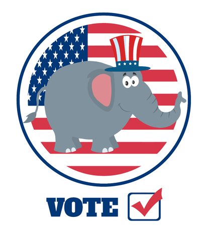 ラベルとテキストのアメリカにアンクル サム帽子の象アニメ キャラクターにフラグを設定 の写真素材 画像素材 Image