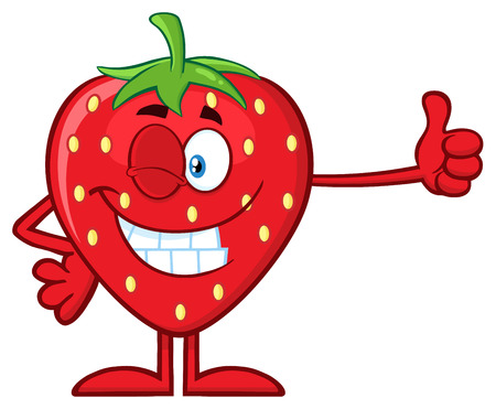 Winking strawberry fruit cartoon mascot character giving a thumb up. illustration isolated on white background