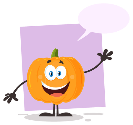 カボチャの野菜は漫画式絵文字顔文字です 吹き出しと白い背景で隔離の図 の写真素材 画像素材 Image