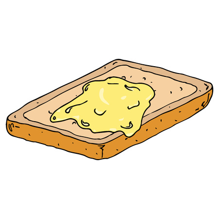 Toast with a piece of butter icon. Vector piece of butter on toast. Hand drawn buttered toast. Bread toast. Vector Illustration