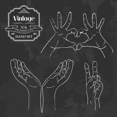 別の手のジェスチャーでレトロなスタイルの黒板を設定します ベクトル イラストを簡単に操作およびカスタム着色層します のイラスト素材 ベクタ Image