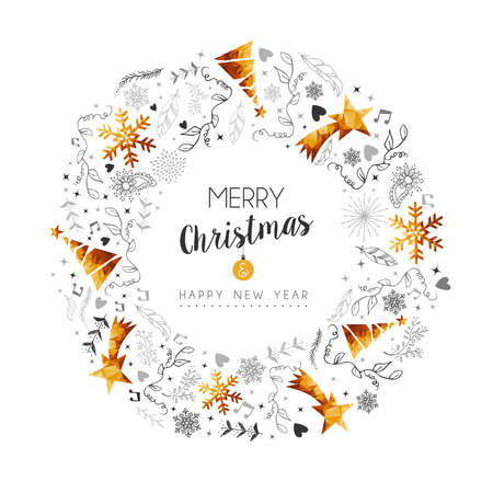 Merry Christmas New Year wreath decoration with gold holiday ornaments and hand drawn nature icons. EPS10 vector. Vector Illustration