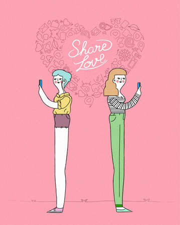 ソーシャル メディアが大好きの概念図です アウトラインのアイコンを携帯電話を使用して現代の若いヒップなカップル ハート形組成が粗い織り目加工の背景に Eps10 ベクトル のイラスト素材 ベクタ Image