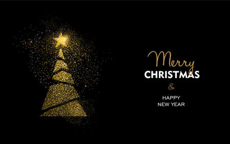 メリー クリスマスと幸せな新年高級グリーティング カード デザイン 黒の背景に黄金キラキラ塵の作ったの抽象金松の木 Eps10 ベクトル のイラスト素材 ベクタ Image