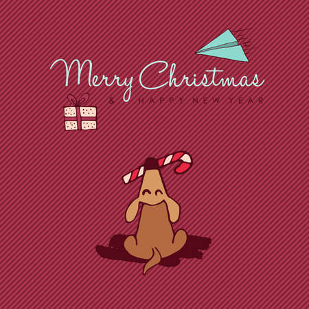 メリー クリスマス新年あけまして手描き犬グリーティング カード イラスト面白い子犬ギフト ボックスと手書き休日タイポグラフィ引用のサンタ帽子 のイラスト素材 ベクタ Image