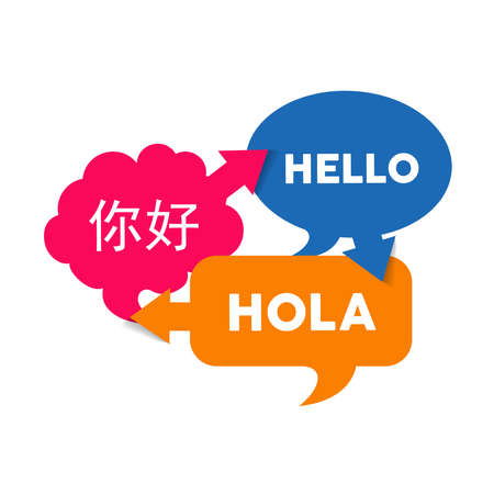 Chat bubbles with different language words, concept illustration for translation idea or international communication. eps10 vector. Фото со стока