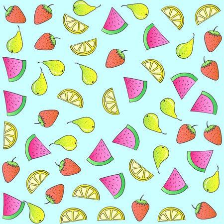 クールなフルーツのシームレスなパターン パイナップル レモン 梨 リンゴ イチゴ サングラスをかけています かわいい背景 明るい夏の果物のイラスト フルーツは 生地 装飾用デザインをミックスします のイラスト素材 ベクタ Image