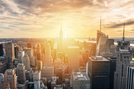 New york city skyline with urban skyscrapers at sunset