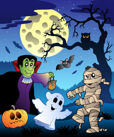 Moonlight lanterns: Cảnh với cây Halloween 4 - minh hoạ vector. Hình minh hoạ