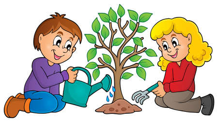 Kids planting tree theme image 1 - eps10 vector illustration.