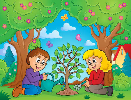 Kids planting tree theme image 2 - eps10 vector illustration.