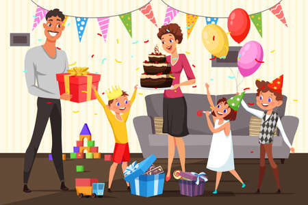 Family celebrating birthday at home vector illustration. boy in crown opening present. father holding gift box. children cartoon characters in b-day hats. mother with chocolate cake flat drawing Фото со стока