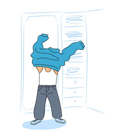Funny boy dress up clothes in home wardrobe room. daily morning routine. bedroom closet dresser. child wearing pants put on sweater. independent teaching. flat style cartoon vector illustration Stock Photo