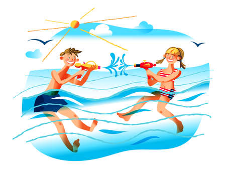Cheerful boy and girl swimming and shooting aqua pistol. happy brother and sister have water fun. active recreation. childhood and summertime. pool party. summer outdoor activity. vector illustration Фото со стока