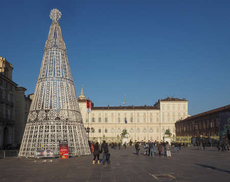 Turin, italy - circa december 2016: albero di luci (meaning tree of lights) christmas tree in piazza castello