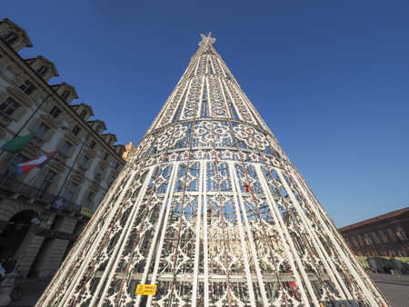 Turin, italy - circa december 2016: albero di luci (meaning tree of lights) christmas tree in piazza castello