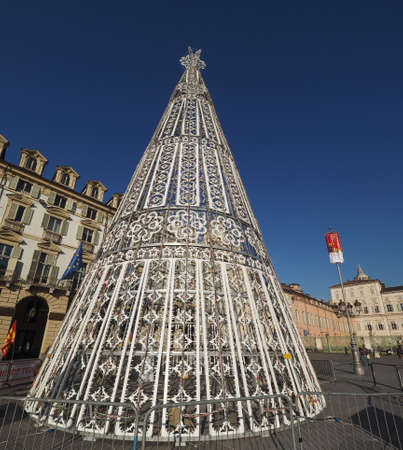 Turin, italy - circa december 2016: albero di luci (meaning tree of lights) christmas tree in piazza castello Stock Photo