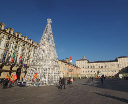Turin, italy - circa december 2016: albero di luci (meaning tree of lights) christmas tree in piazza castello