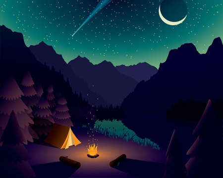 Vector mountain campsite near lake with starry night