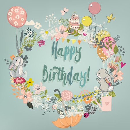 Cute Hares with Floral Wreath