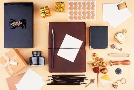 cover of a closed leather notebook with office supplies and christmas decorations christmas card and - Christmas Card Closings cover of a closed leather notebook with office supplies and christmas decorations christmas card and - Christmas Card Closings