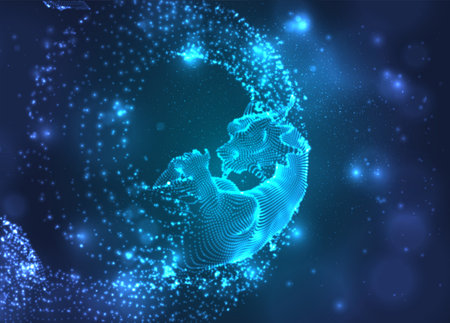 Vector long dragon snake on a deep dark blue background in square 3d polygon style