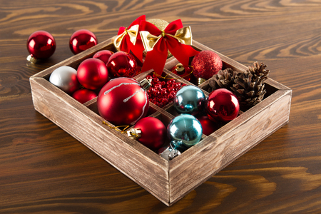stock photo wooden box with colorful ball for christmas decoration - Wooden Box Christmas Decorations stock photo wooden box with colorful ball for christmas decoration - Wooden Box Christmas Decorations