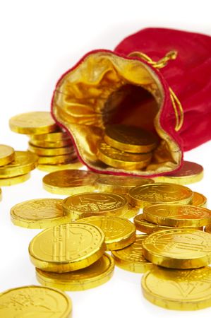 Bag of gold coins: money bags with coins on a white background