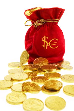 Bag of gold coins: money bags with coins on a white background