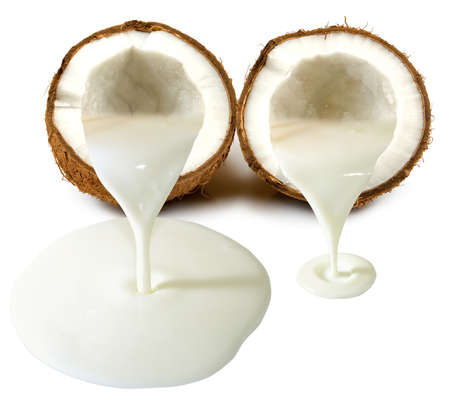 coconut: hình ảnh riêng biệt của một quả dừa và sữa dừa closeup