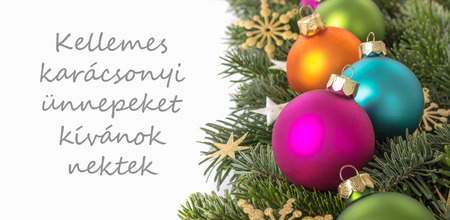 hungarian christmas card with christmas baubles fir branches hungarian christmas