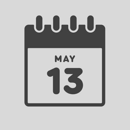 Icon page calendar day - 13 may. date day of week sunday, monday, tuesday, wednesday, thursday, friday, saturday. 13th days of the month, vector illustration flat style. spring holidays in may