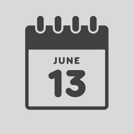 Icon page calendar day - 13 june. date day of week sunday, monday, tuesday, wednesday, thursday, friday, saturday. 13th days of the month, vector illustration flat style. summer holidays in june