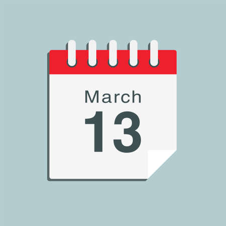 Icon page calendar day - 13 march. date day week sunday, monday, tuesday, wednesday, thursday, friday, saturday. 13th days of the month, vector illustration flat style. spring holidays in march