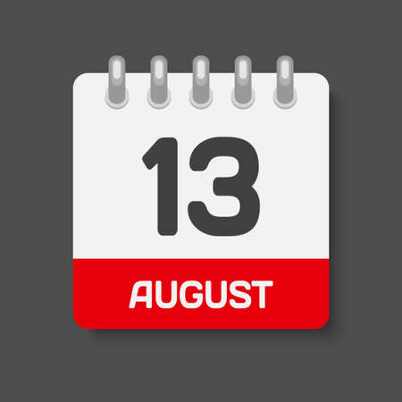 Icon page calendar day - 13 august. days of the month, vector illustration flat style. 13th date day of week sunday, monday, tuesday, wednesday, thursday, friday, saturday. summer holidays in august