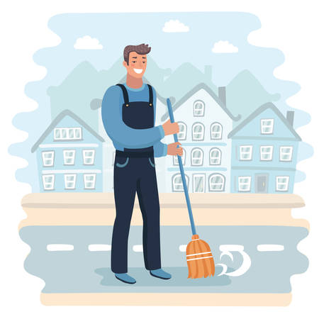 ほうきで掃除するハンサムな管理人のベクトル漫画イラスト 白い背景に分離された文字 のイラスト素材 ベクタ Image