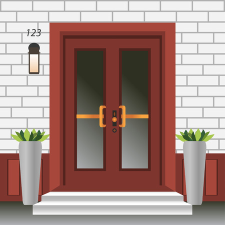 House door front with doorstep and steps, window, - vector clipart