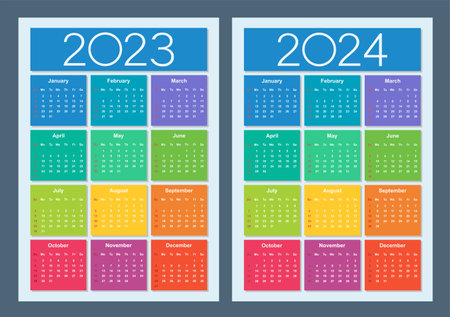Colorful calendar for 2023 2024 years week starts on sunday vertical calendar design template basic grid isolated vector illustration Фото со стока