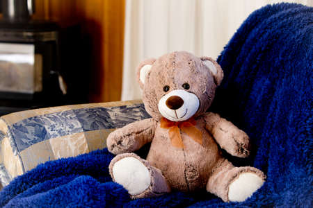 teddy bear sitting on sofa couch in front of fireplace