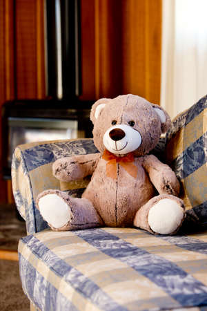 teddy bear sitting on sofa couch in front of fireplace