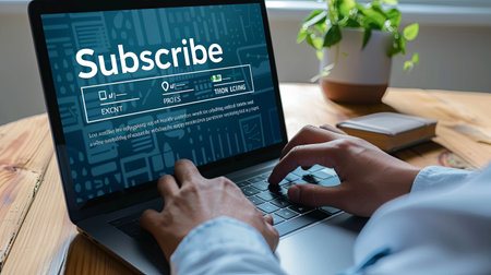 Businessman working on laptop computer and select subscribe button on screen