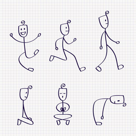 ジャンプ 勝利および実行のさまざまなポーズで男のスティック図 手描きの背景イラスト のイラスト素材 ベクタ Image