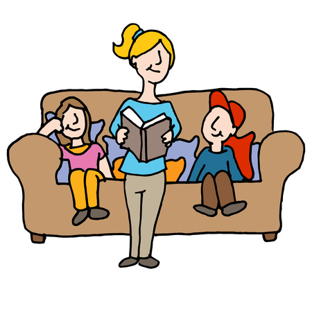 Une image d'une baby-sitter la lecture aux enfants. Banque d'images - 56354860