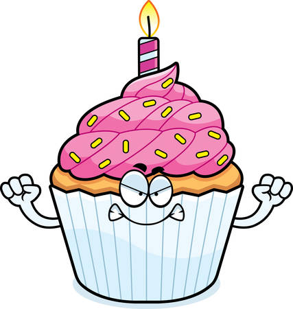 a cartoon illustration of a birthday cupcake looking angry royalty