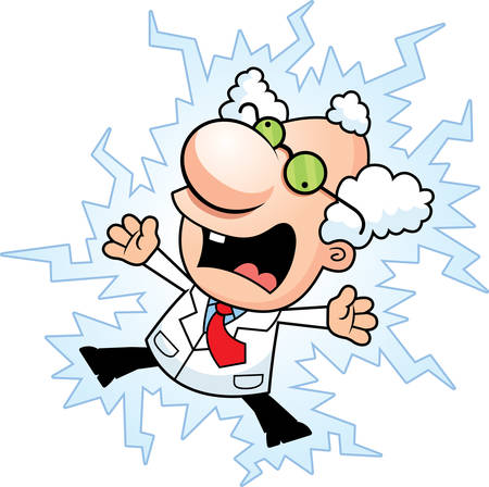 An illustration of a cartoon mad scientist being electrocuted.