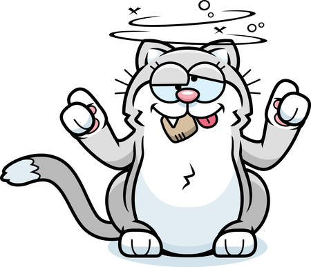 A cartoon image of a dizzy cat on too much catnip.