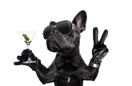 French bulldog dog with martini cocktail and victory or peace fingers wearing a retro wrist watch